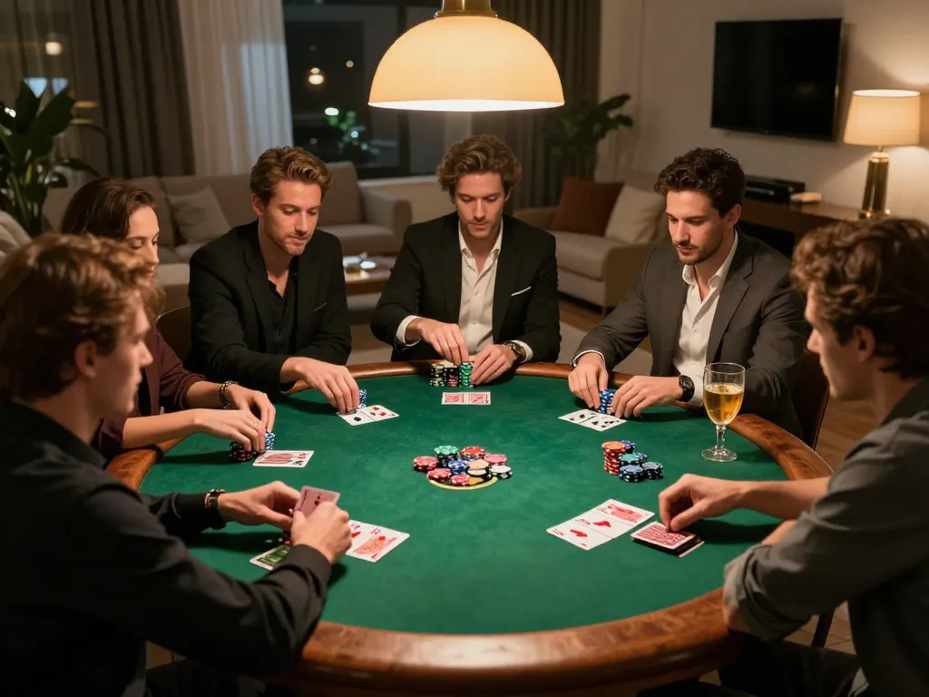 Friends enjoying a poker night at home with RR88, showcasing chips and cards in an engaging game atmosphere.