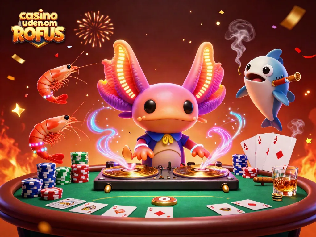 Play at casino uden om ROFUS with a vibrant, dynamic scene featuring unique characters and poker elements.
