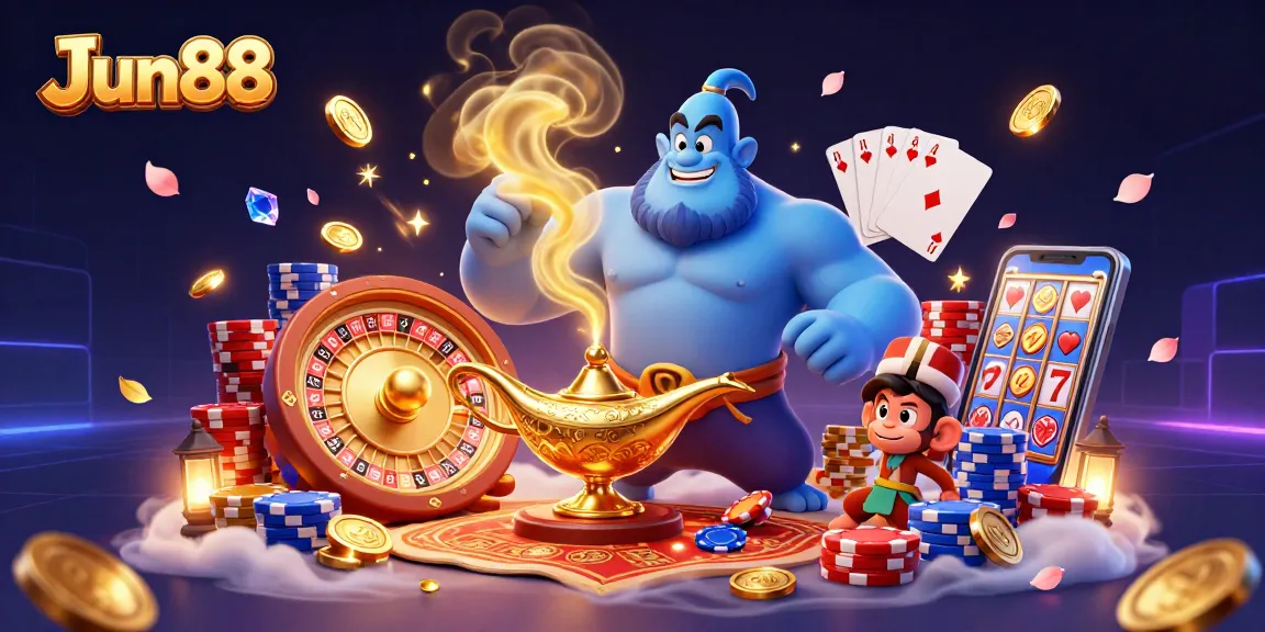 Spin to win at JJun88 with a vibrant 3D casino scene featuring dynamic elements and exciting game opportunities.