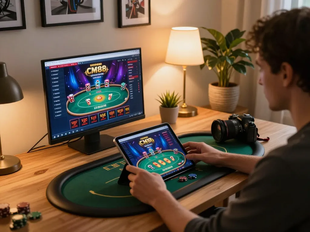 Player using CM88 online casino app for poker in a cozy home office setting.