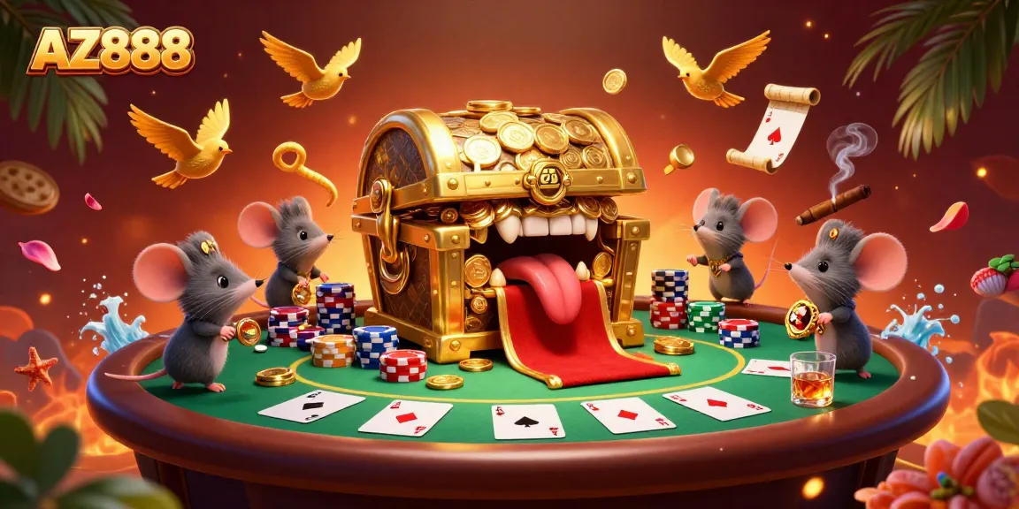 Play at AZ888 with cartoon treasure chest enticing mice while enjoying a vibrant poker scene.