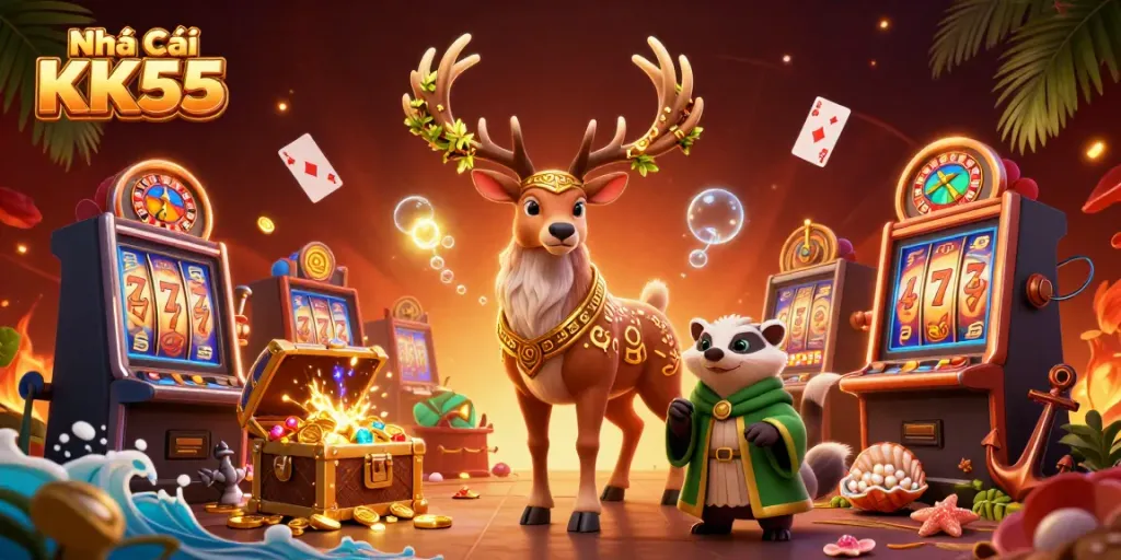 Engage with the excitement of Nhà Cái KK55 through vibrant 3D casino scenes featuring fantasy characters and dynamic game elements.