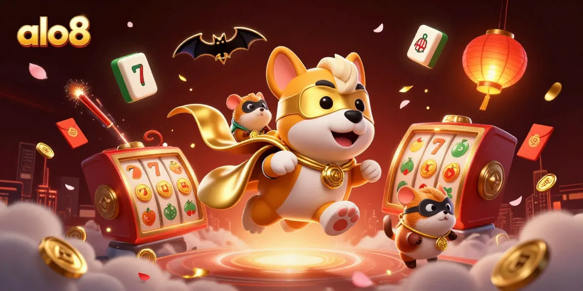 Engaging scene of alo8 featuring a superhero dog and hamster amid vibrant casino elements.