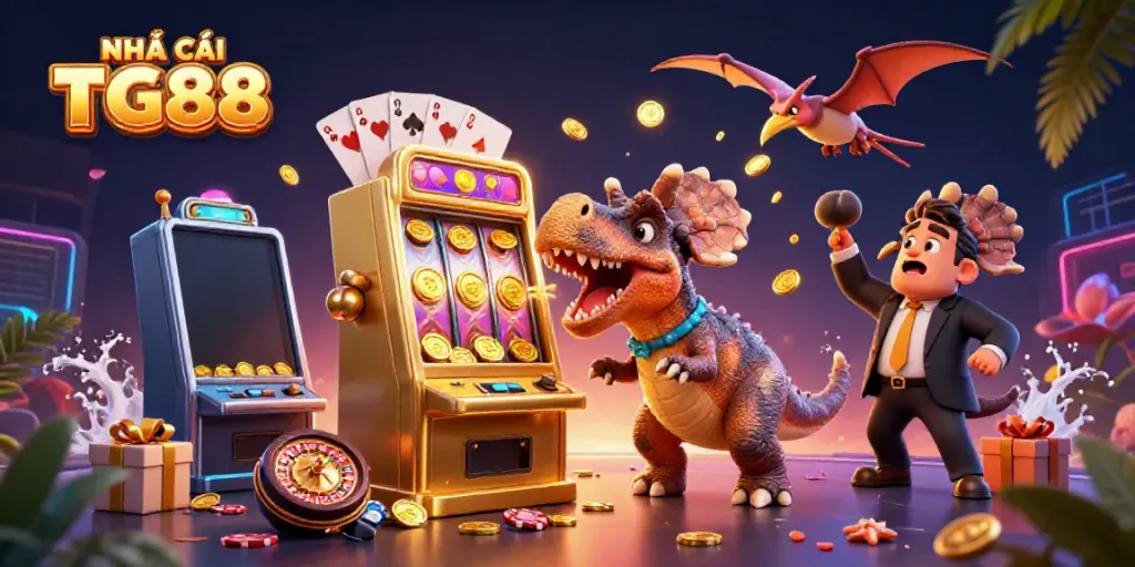 Experience the excitement at NHÀ CÁI TG88 with dynamic casino gaming featuring a golden slot machine and swirling coins.