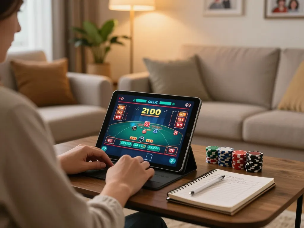 Deltar i casino utan spelpaus-spelande på en surfplatta, med inslag av spelstrategi och en bekväm hemmamiljö.