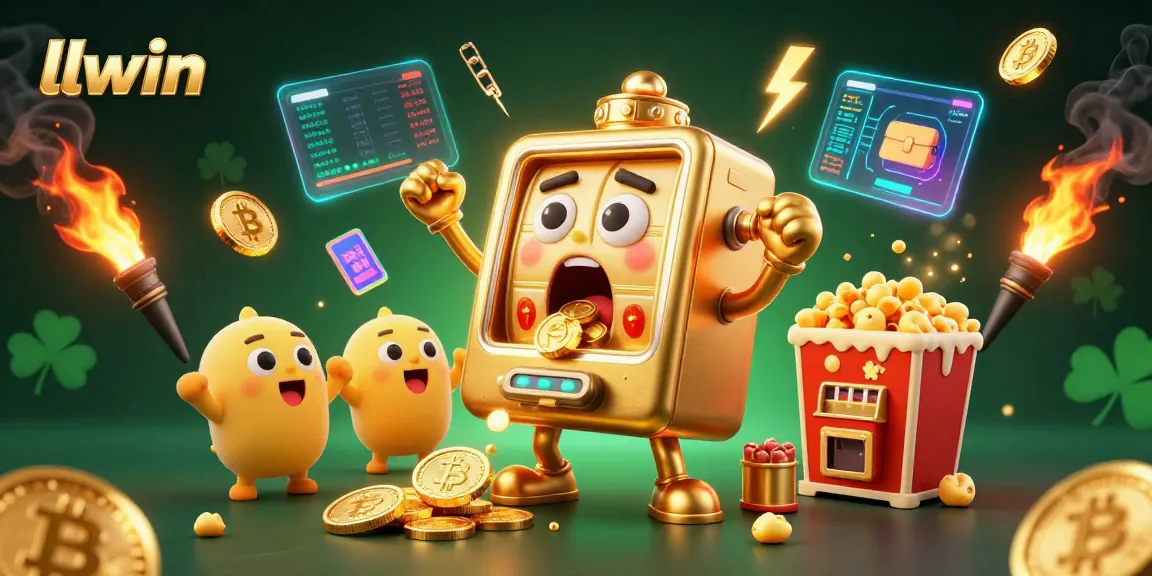 llwin engages users with a vibrant casino scene featuring a jackpot-winning slot machine amidst swirling cryptocurrency themes.
