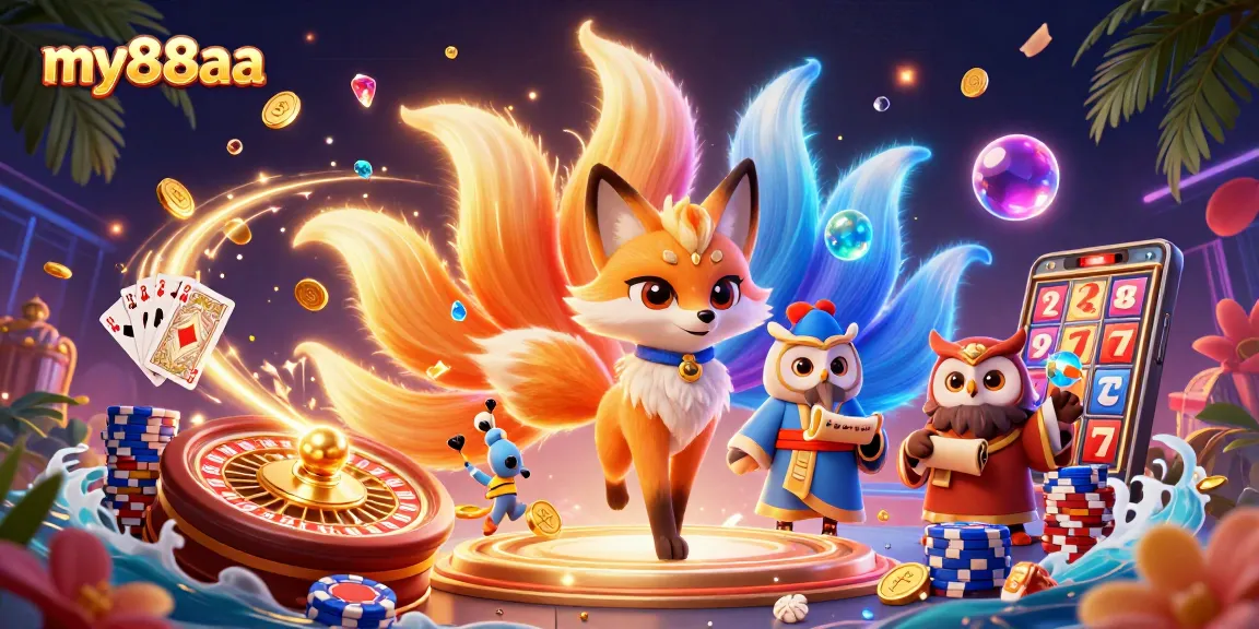 Engage with my88aa's vibrant casino realm featuring a magical nine-tailed fox amidst glowing orbs and gambling elements.