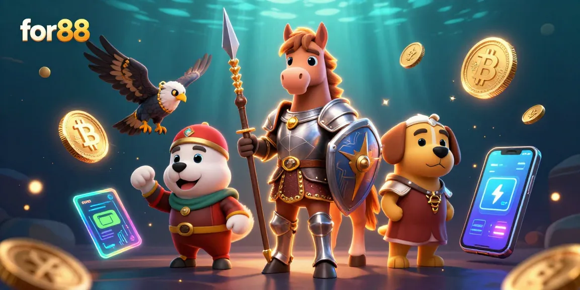 Engage in thrilling gaming action with for88, featuring a vibrant medieval knight and crypto elements.