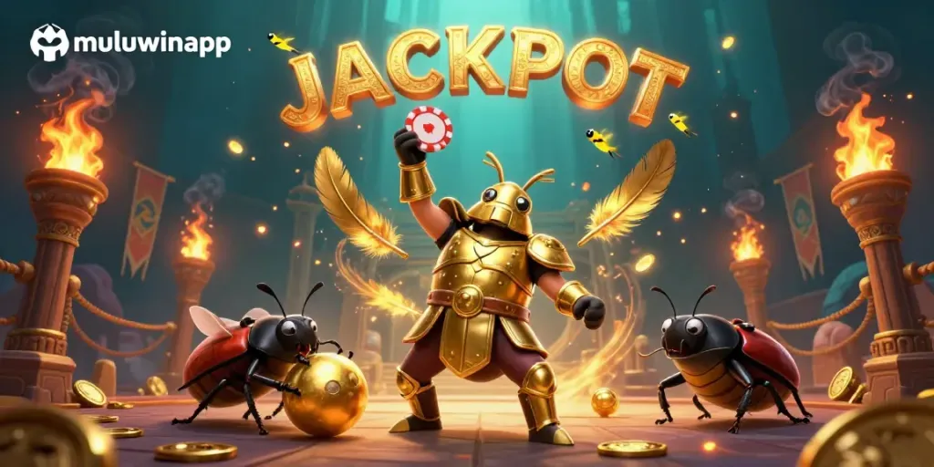 Engaging muwuwinapp scene featuring a heroic beetle in armor lifting a poker chip, evoking the thrill of casino victories.