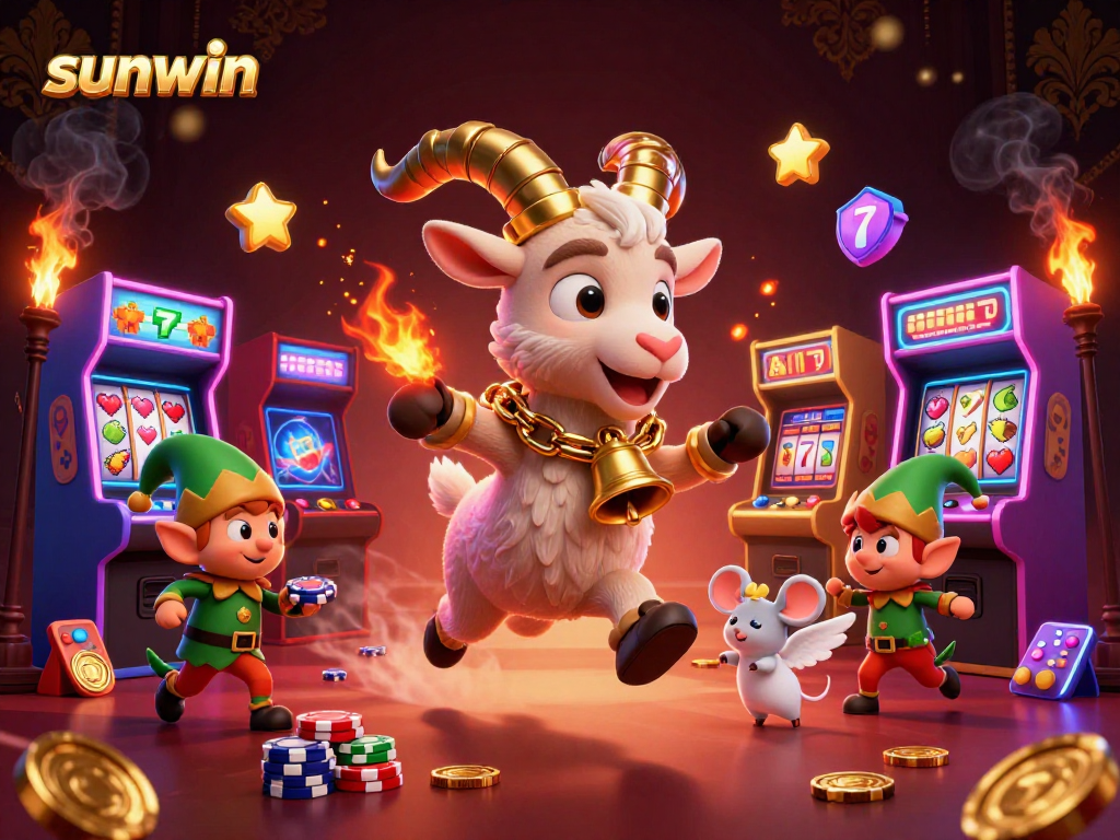 Win big with sunwin at a vibrant holiday-horror casino featuring a festive Krampus goat!
