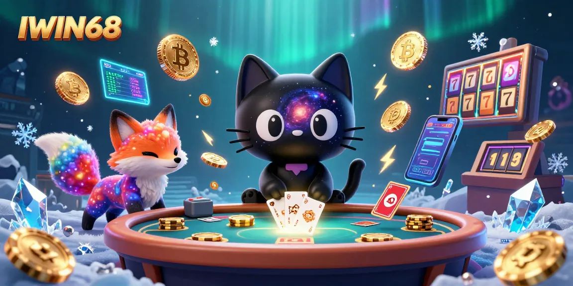 IWIN68 casino scene with a cosmic black hole cat and colorful fox pulling in chips and cards.