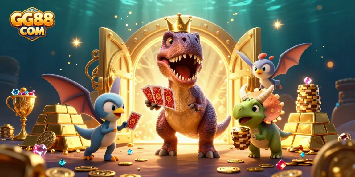 Experience the casino excitement with GG88 COM as dinosaurs engage in card games and chip stacking.