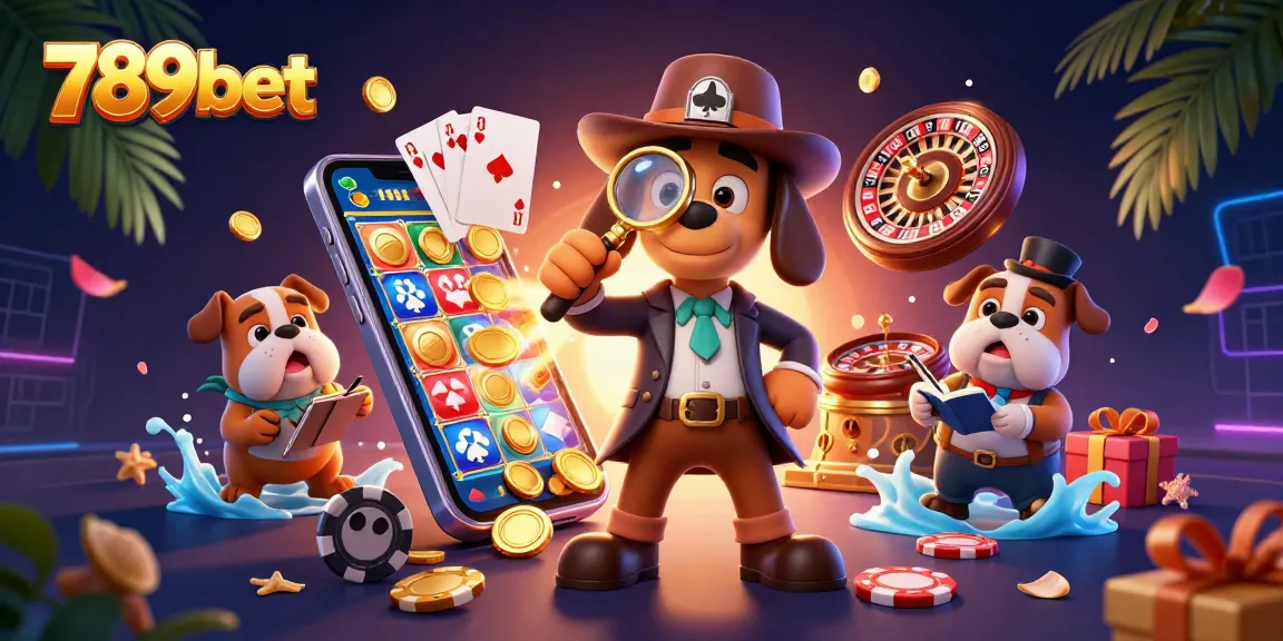 Spin to win with 789bet in this vibrant 3D detective casino adventure illustration.