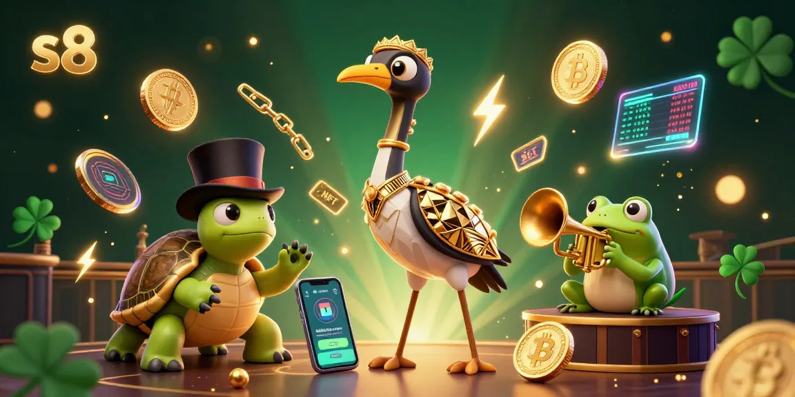 Immerse in s8, featuring a dynamic scene with a flapper-style crane, top-hat turtle, and trumpet-playing frog amid vibrant gambling elements.