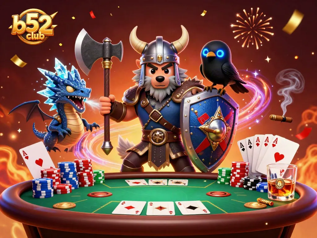 Battle-ready b52club Viking wolf warrior surrounded by colorful poker elements
