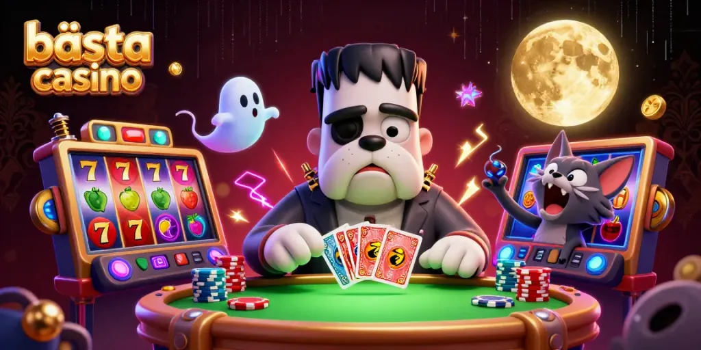 Upplev bästa online casino med en quirky bulldog och spelmaskiner i bakgrunden.