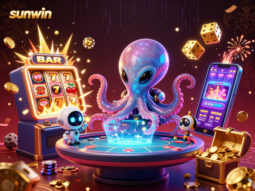 Sunwin gaming illustration featuring an alien octopus and robots in a vibrant casino scene.