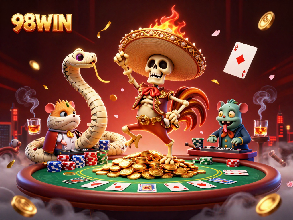 Experience thrilling wins at 98WIN as a cartoon skeleton dances among poker chips in this vibrant casino scene.