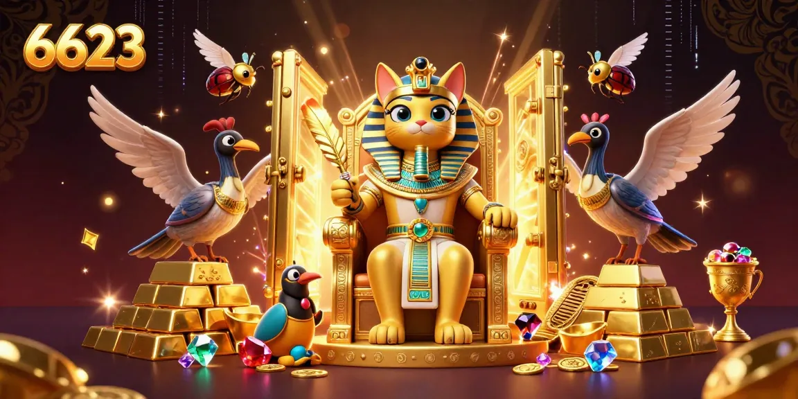 Engage with 6623's exciting gaming scene showcasing a pharaoh cat and treasures in an immersive casino world.