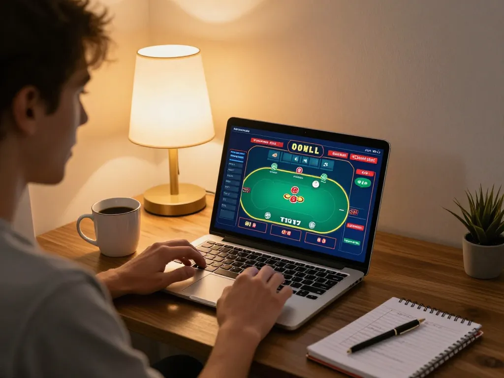 uu88 player enjoying poker at home with a cozy setup, showcasing a strategic approach to online gaming.