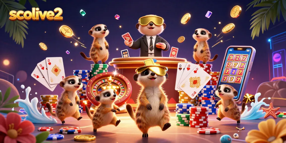 Experience exciting gambling action with socolive2's dynamic meerkat casino scene filled with sparkling gems and coins.