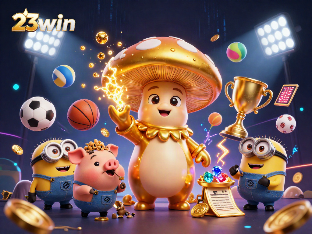 Bet on victory with 23win as the golden mushroom wizard and treasures illuminate this vibrant casino scene.