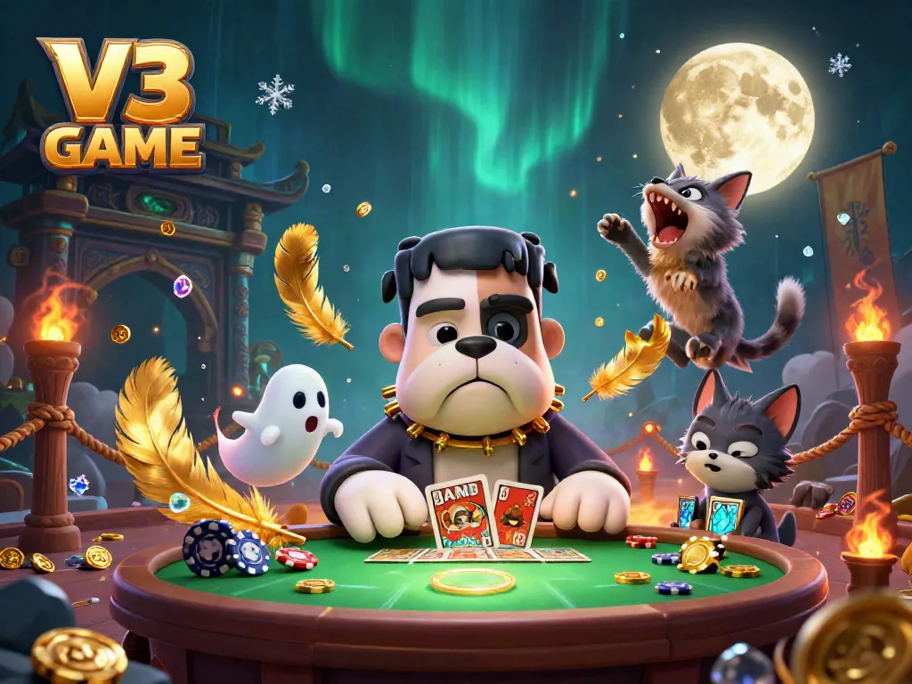 Engage with V3 GAME through a thrilling card game scene featuring colorful characters and casino elements.