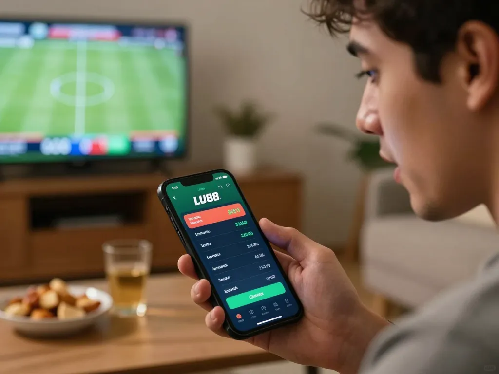 Player interacting with the LU88 app during a sports betting session, showcasing live odds and a focused atmosphere.