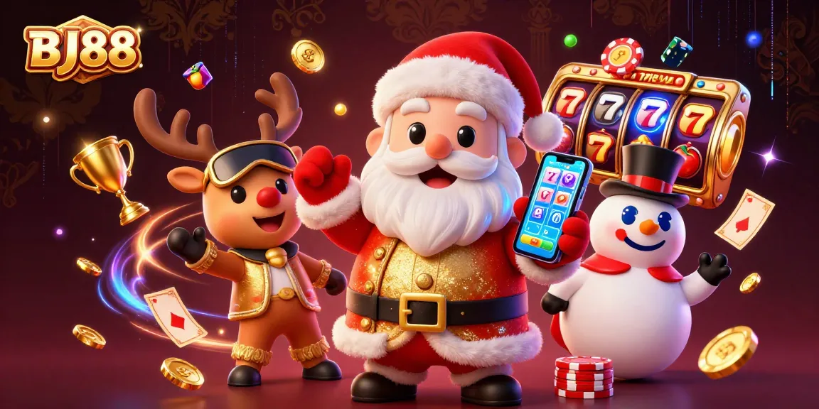 Experience the excitement of BJ88 as Santa and friends celebrate with jackpots in a festive casino scene.