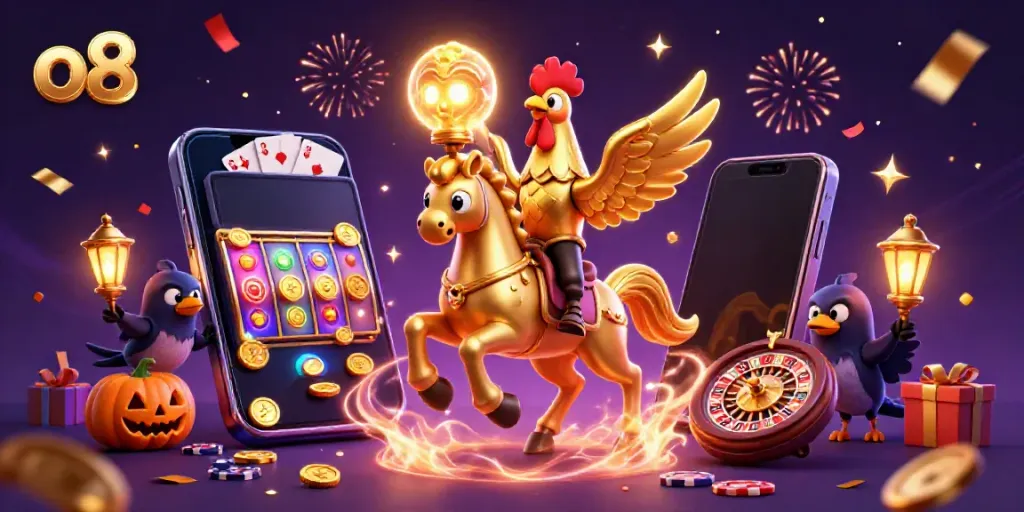 Experience thrilling gameplay at o8 with a golden rooster and mystical companions in a vibrant casino scene.