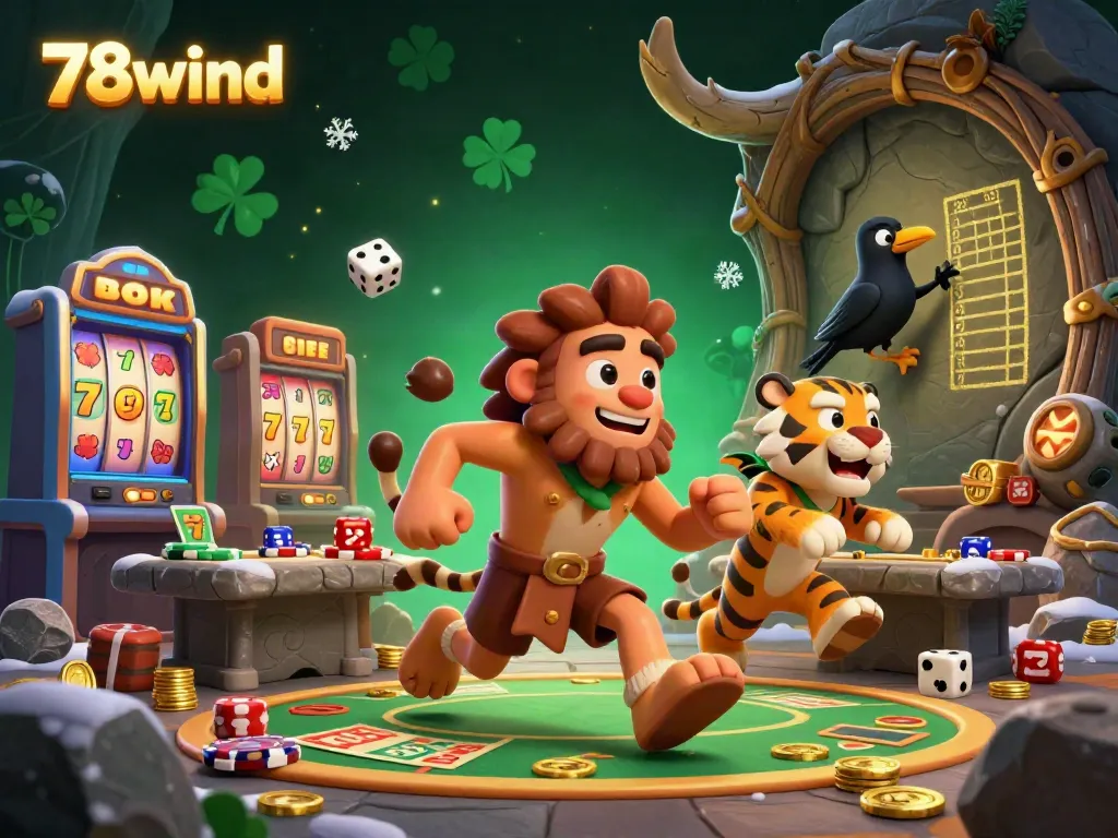 Experience thrilling 78wind gaming as the caveman duo spins slots in a prehistoric casino setting.