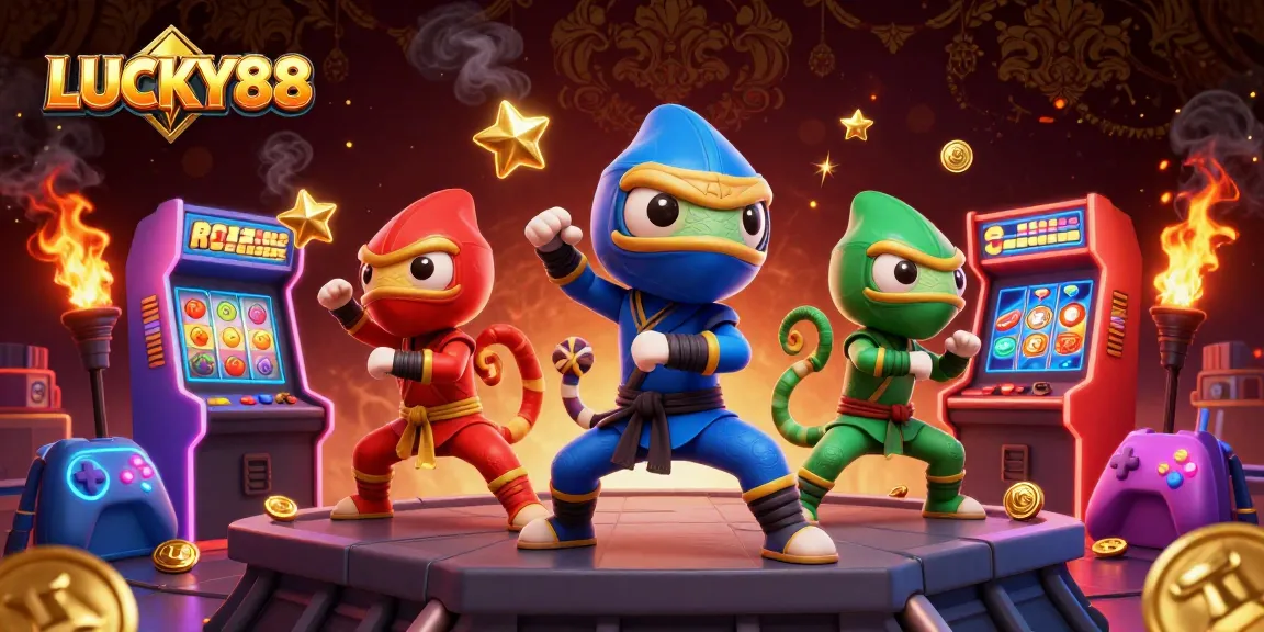 Experience thrilling wins with LUCKY88 as chameleon ninjas celebrate on rooftop, surrounded by vivid slots.