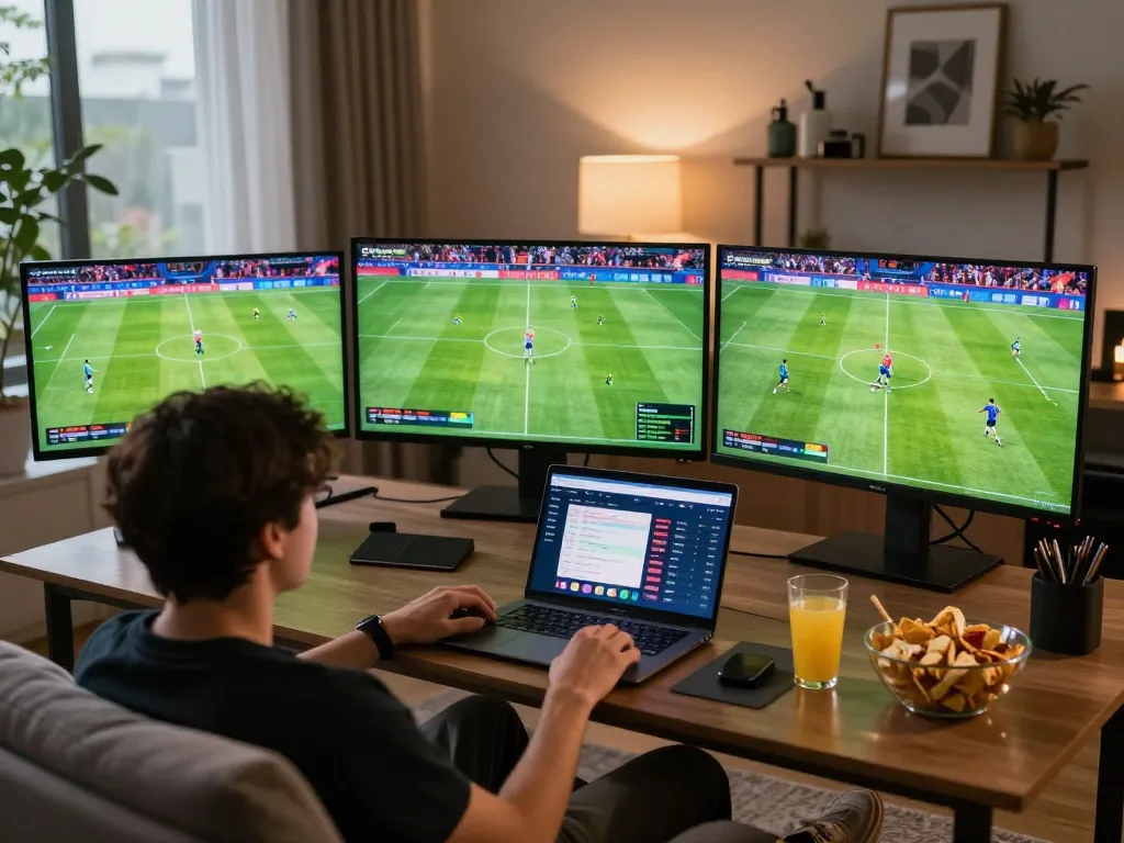 Socolive trực tiếp sports betting experience with multiple screens showing live soccer matches and betting interface