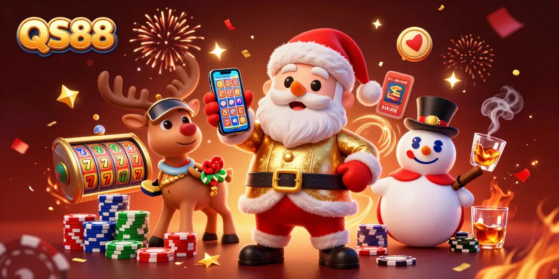 Celebrate wins at QS88 with a vibrant casino scene featuring characters enjoying jackpot slots.