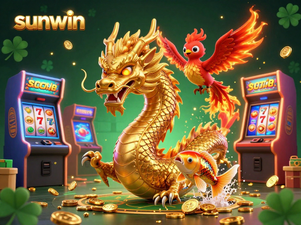 Experience the thrill of gaming with sunwin, showcasing a majestic dragon and phoenix in a vibrant casino setting.