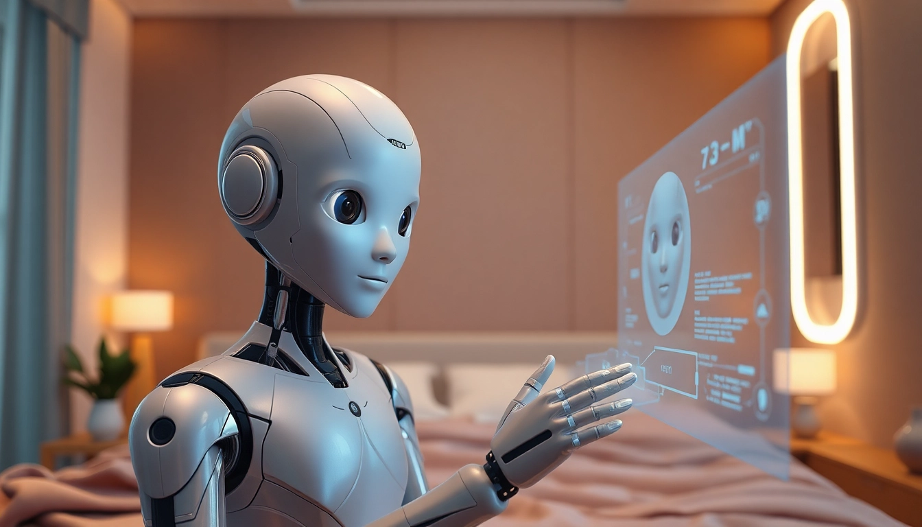 Humanoid sex bot with AI in a modern bedroom setting, offering interactive companionship.
