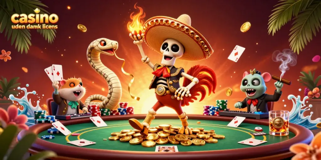 Experience fun at a vibrant casino uden dansk licens with colorful characters celebrating over poker chips.