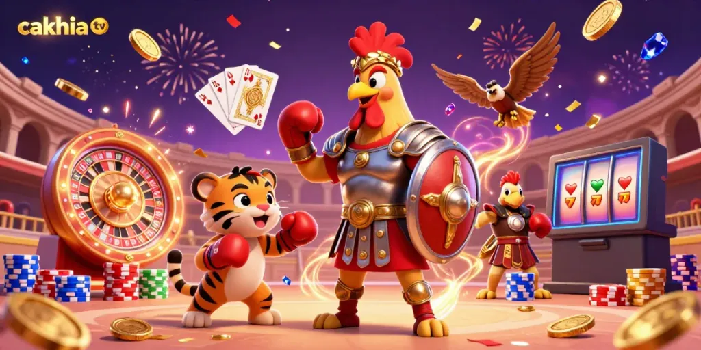 Cakhia tv showcases dynamic 3D gaming action with epic scenes of gladiators and casino elements.