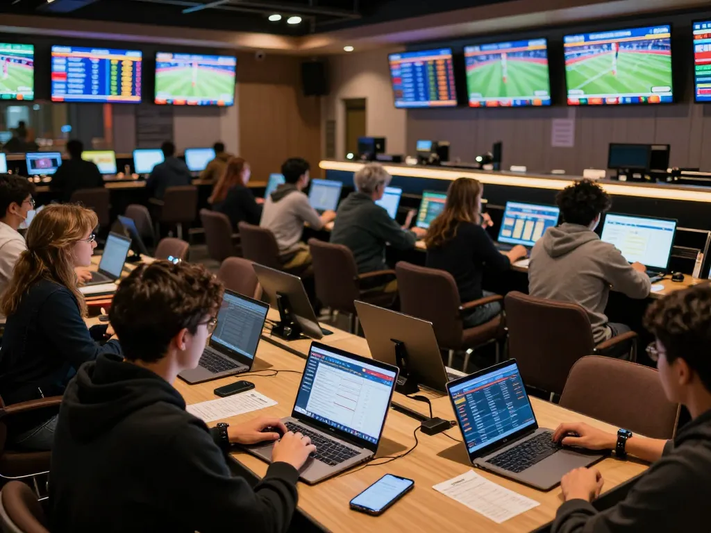 Betting enthusiasts analyzing odds at a sportsbook for kèo nhà cái events, vibrant and energetic atmosphere