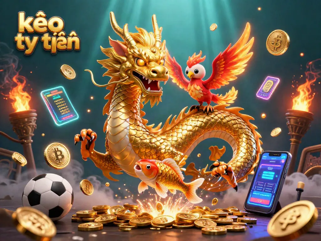 Kèo trực tuyến betting strategies illustrated with a fierce dragon, phoenix, and koi fish amidst sports elements