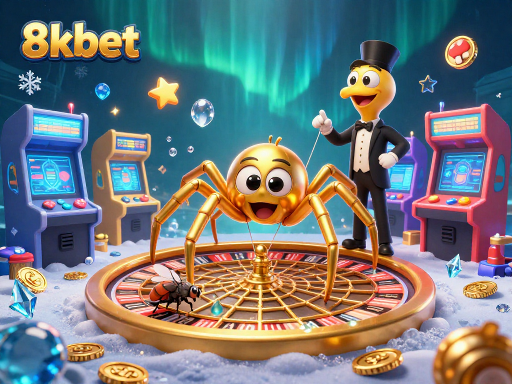 Experience thrilling bets with 8xbet as a colorful spider spins a roulette web in this engaging casino illustration.