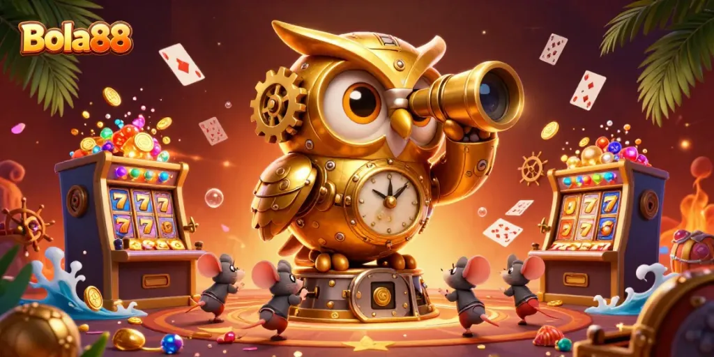 Win big with Bola88 in this vibrant and intricate casino scene filled with characters and game elements.