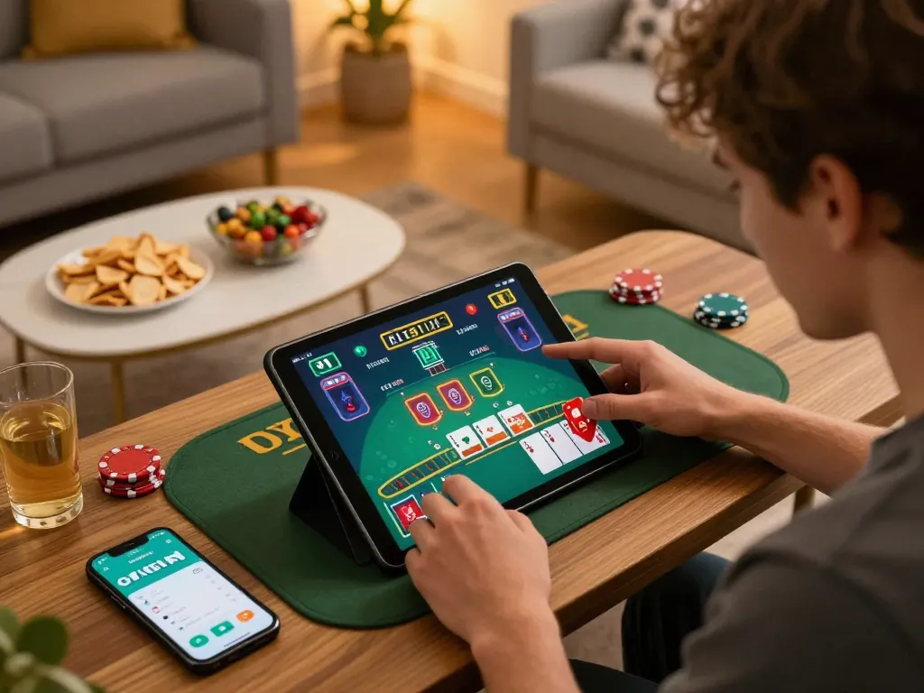 Engaged player using OKFUN app for live dealer blackjack in a cozy home environment.