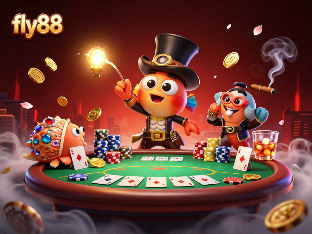 Experience excitement at fly88, featuring a deep-sea anglerfish and pirate shrimp in a vibrant casino scene.