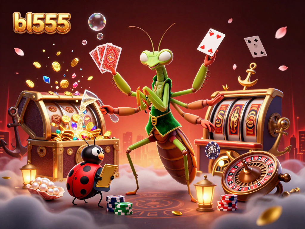 Engage with the vibrant world of bl555, where a giant praying mantis card sharp dazzles in a lively casino scene.