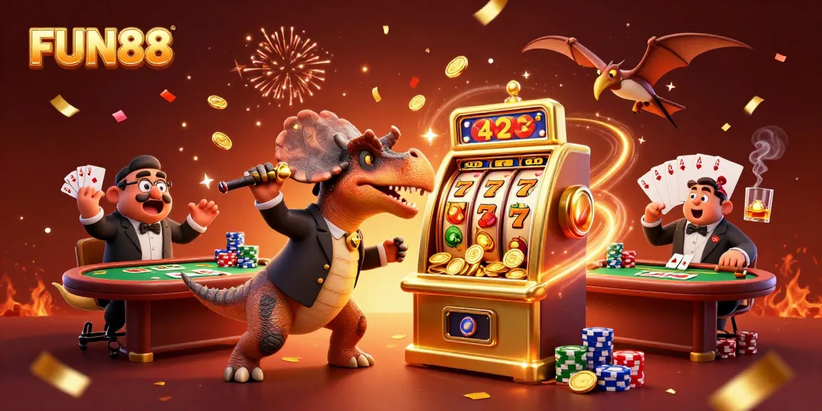 FUN88 casino scene showcasing a dinosaur winning jackpot coins from a slot machine amid a lively atmosphere.