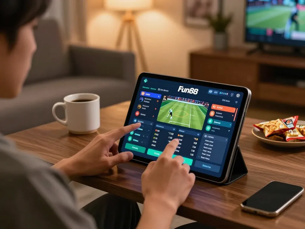 Engaging in live sports betting on the Fun88 app from a cozy home setup, featuring tablet interface.