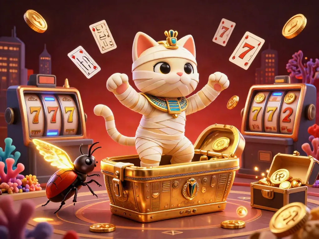 Kết quả bóng đá hôm nay visualizes excitement with an animated mummy cat and glowing casino elements.