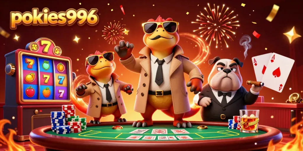 Experience the thrill of pokies996 with raptors and a bulldog in a vibrant casino scene.