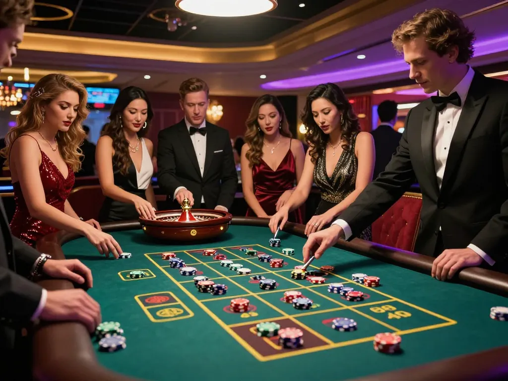 Players experiencing thrill at a fun88 roulette table in a luxurious casino setting
